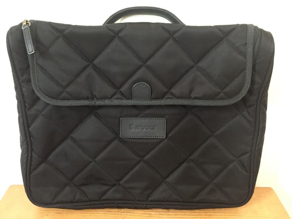 Barbour Black Leather Nylon Quilted Laptop Briefcase Attache Zip Up Carry On Bag